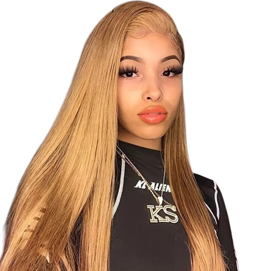 RitzWigs golden blond straight human hair lace front wig worn by a woman with a natural pre-plucked hairline