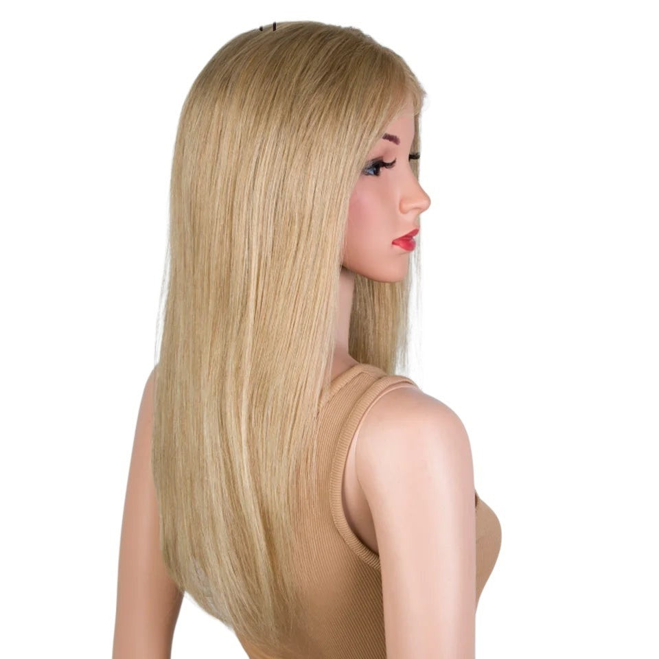 RitzWigs golden blond straight human hair lace front wig on a mannequin, featuring pre-plucked transparent lace.