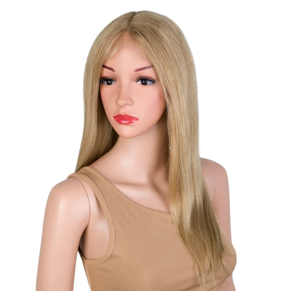 RitzWigs golden blond straight human hair lace front wig on a mannequin with a natural pre-plucked hairline.