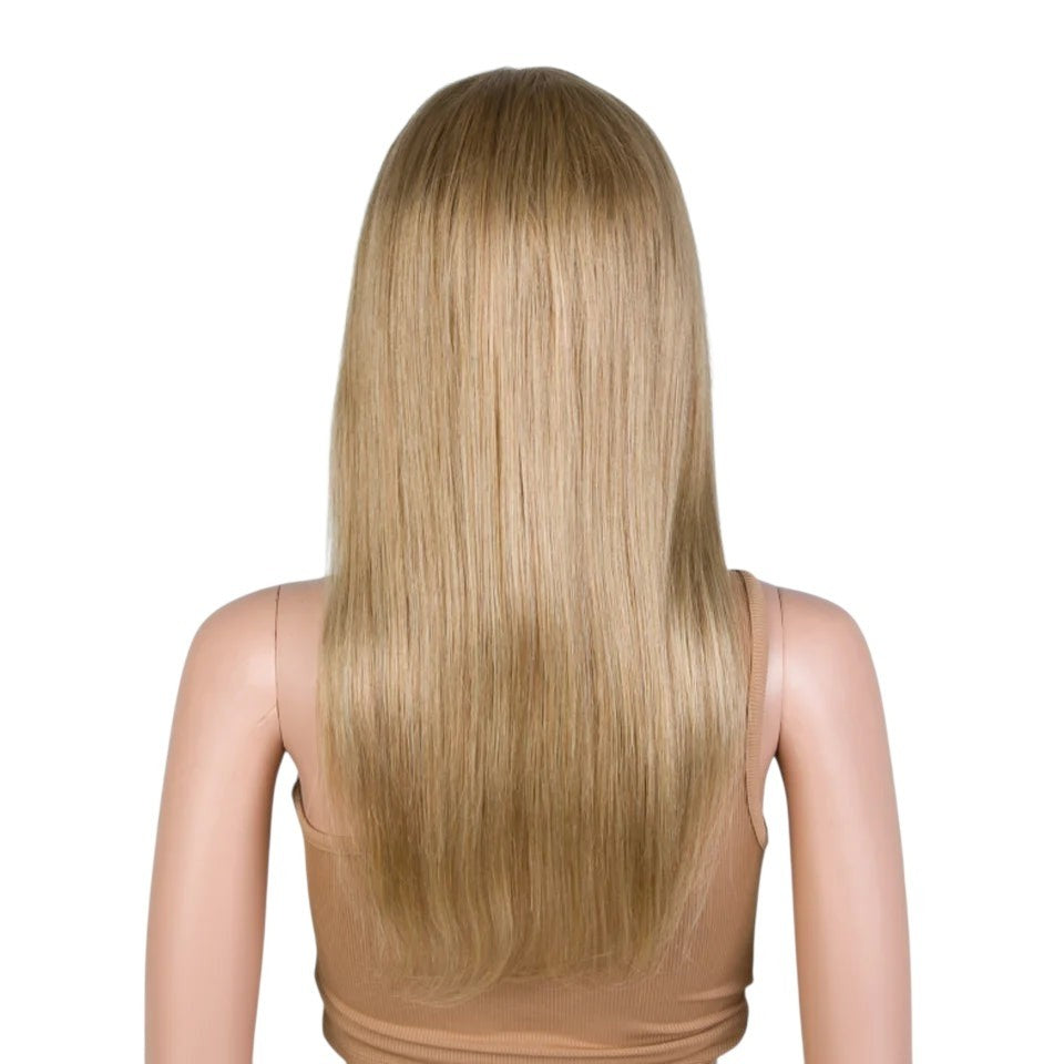 RitzWigs golden blond straight human hair wig on a mannequin, back view showing long smooth Remy hair texture.