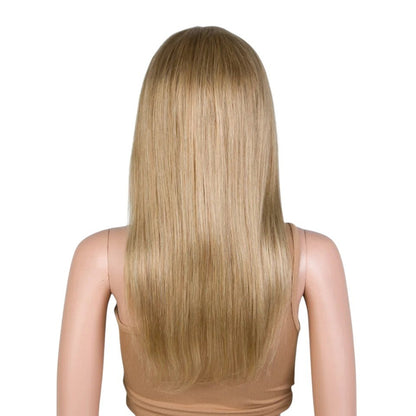 RitzWigs golden blond straight human hair wig on a mannequin, back view showing long smooth Remy hair texture.