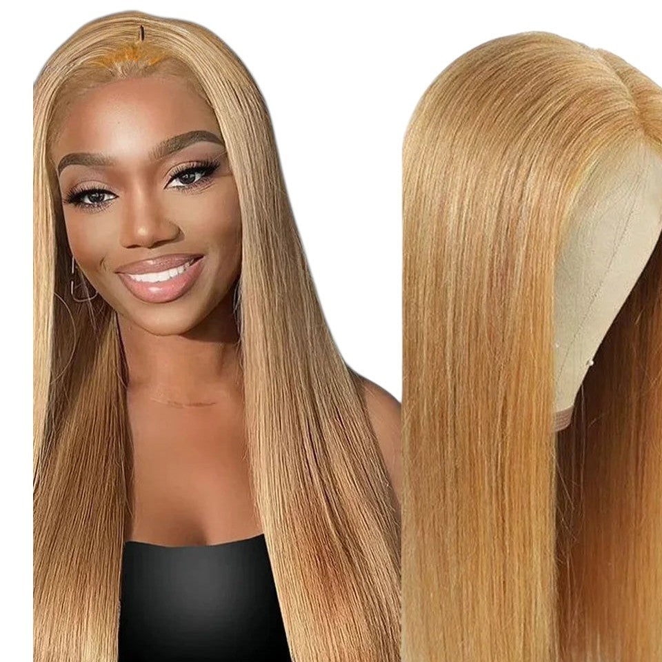 RitzWigs golden blonde straight human hair lace front wig worn by a smiling woman with transparent lace base