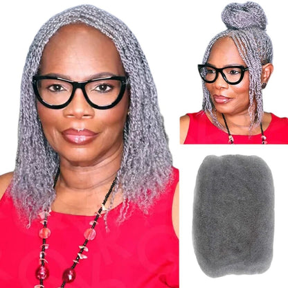 RitzWigs grey afro kinky bulk human hair used for dreadlock extensions and twists on a woman wearing glasses