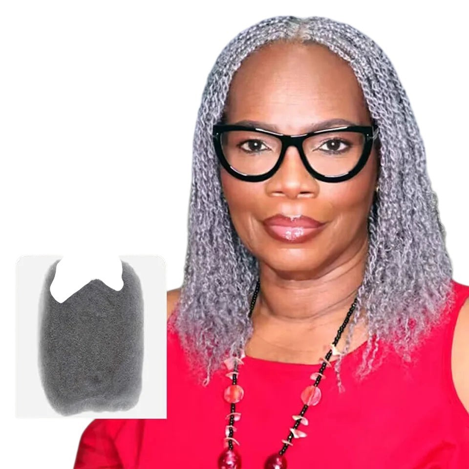 RitzWigs grey afro kinky bulk human hair extensions for loc repair and braiding, worn by a woman in a red top.