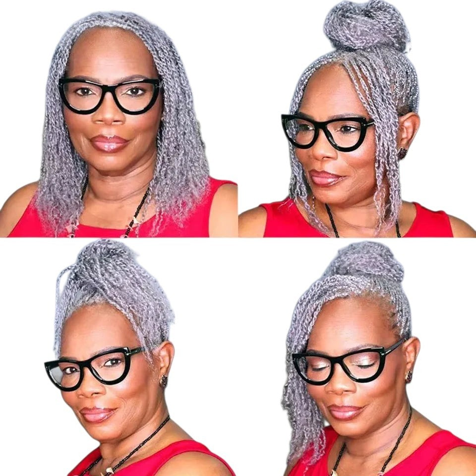 RitzWigs grey kinky curly human hair extensions styled in various updos and loose on a woman wearing black glasses.