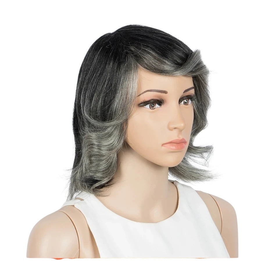RitzWigs short wavy bob wig in grey and silver ombre with bangs on a mannequin head