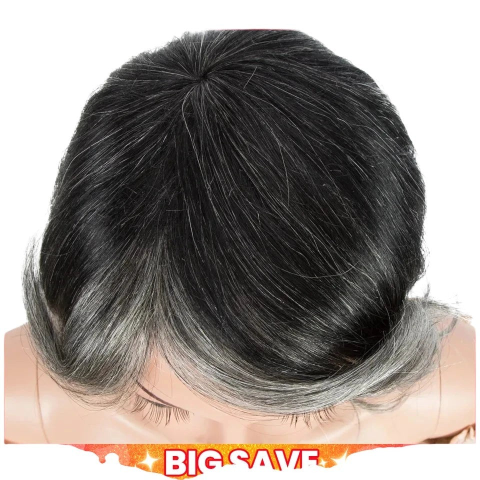 RitzWigs short wavy grey and silver human hair bob wig with bangs on a mannequin head