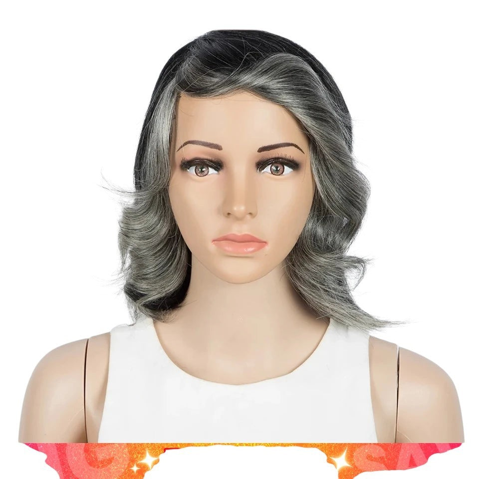 RitzWigs short wavy bob human hair wig in grey and silver ombre with side-swept bangs on a mannequin head