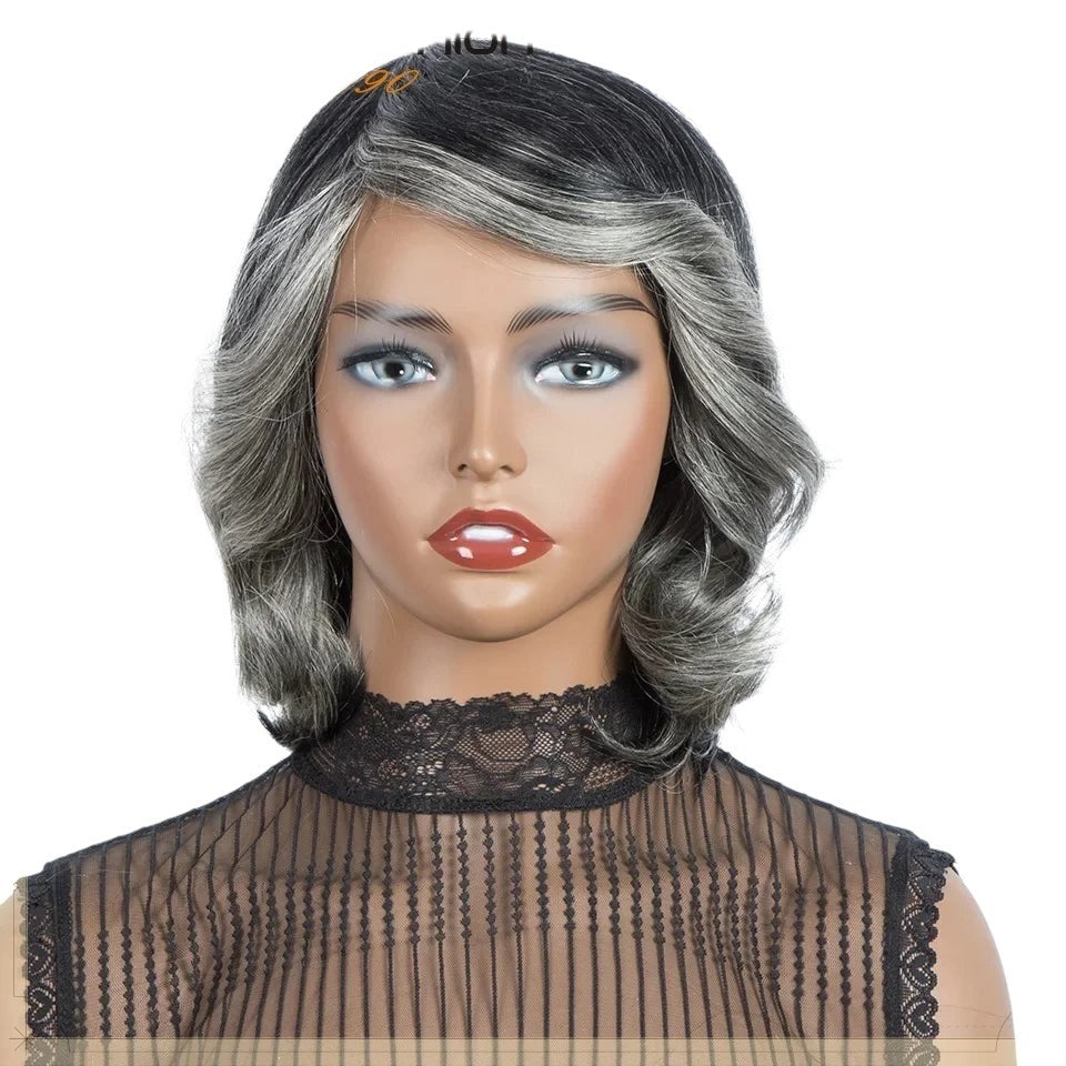 RitzWigs short wavy human hair wig in grey and silver ombre with bangs on a mannequin head