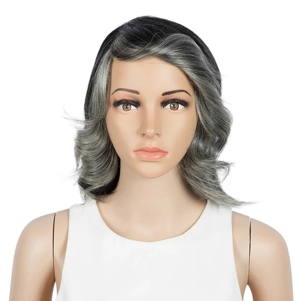 RitzWigs short wavy bob wig in grey and black ombre on a mannequin, featuring Brazilian Remy human hair.