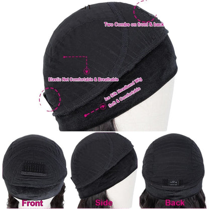 RitzWigs headband wig cap construction showing elastic net, adjustable straps, and internal combs for secure fit