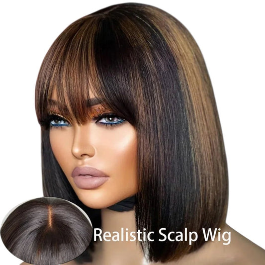 RitzWigs highlight blonde and dark brown straight bob human hair wig with bangs on a mannequin head