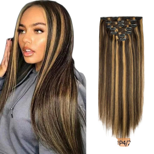 RitzWigs straight human hair clip-in extensions in brown and honey blonde highlights with a double weft design.