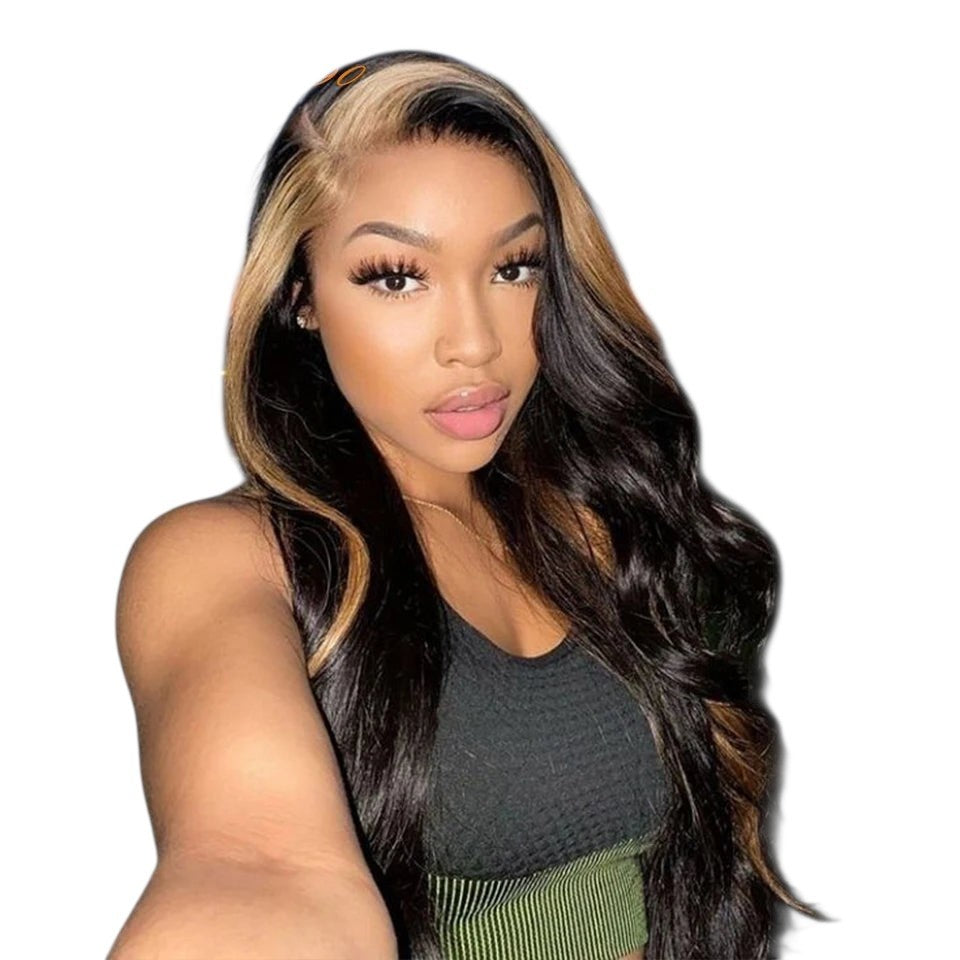 RitzWigs highlight straight human hair lace front wig on a woman with a side part against a sunset city backdrop