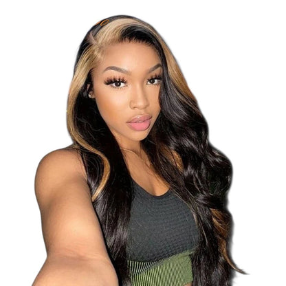 RitzWigs highlight straight human hair lace front wig on a woman with a side part against a sunset city backdrop