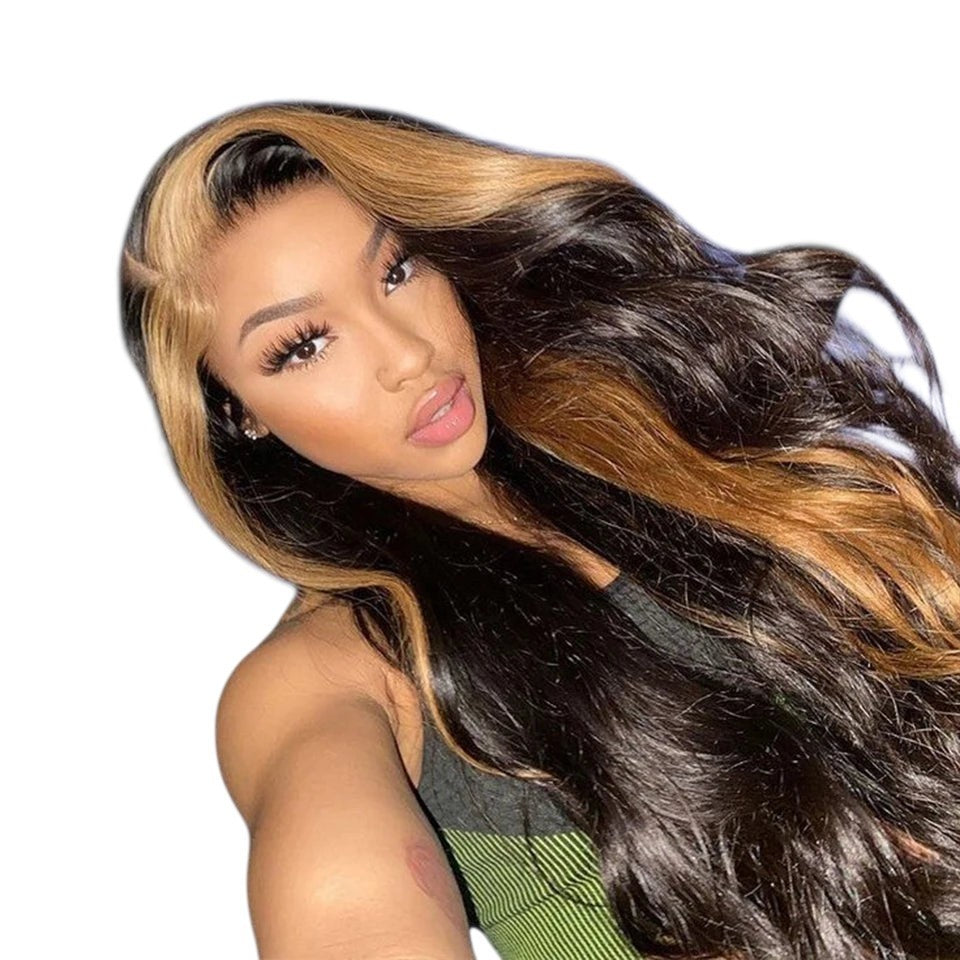 RitzWigs highlight lace front wig with long straight dark brown and honey blonde human hair on a model