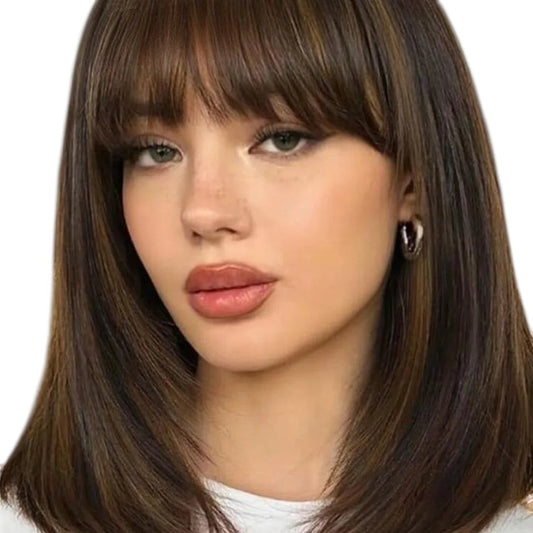 RitzWigs glueless human hair bob wig with bangs, featuring straight P1B/30 highlighted Peruvian hair on a model.