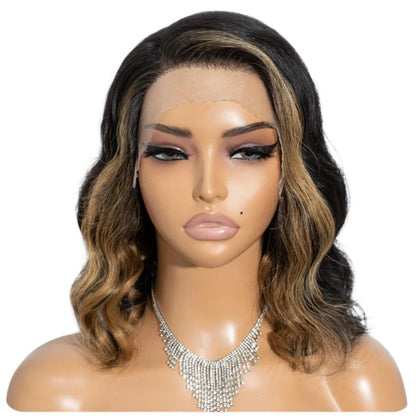 RitzWigs honey blonde and black ombre body wave bob human hair lace frontal wig on a mannequin
