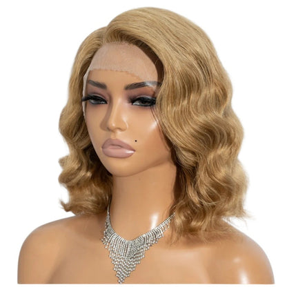 RitzWigs honey blonde body wave bob wig on a mannequin with transparent lace front and natural hairline