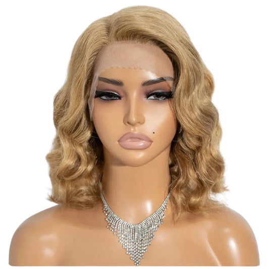 RitzWigs honey blonde body wave bob wig on a mannequin with transparent lace frontal and pre-plucked natural hairline