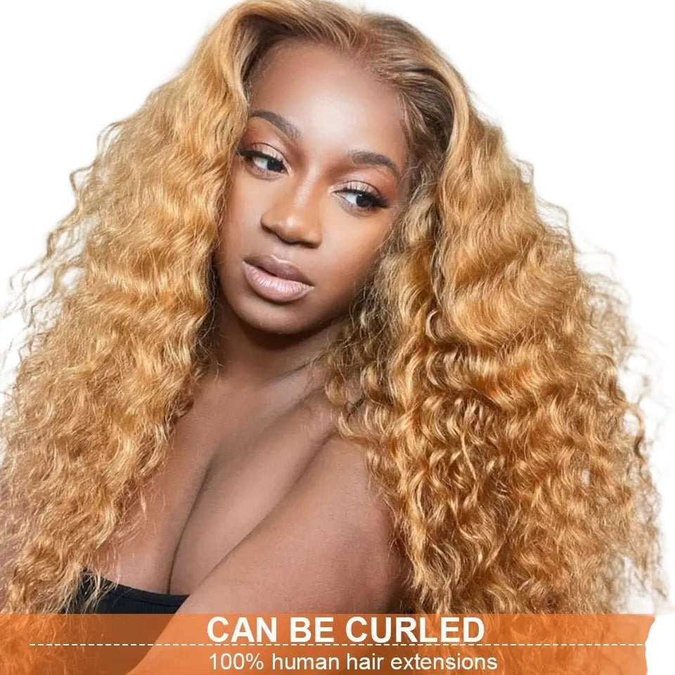 RitzWigs model wearing long honey blonde curly human hair extensions with a natural dark root transition