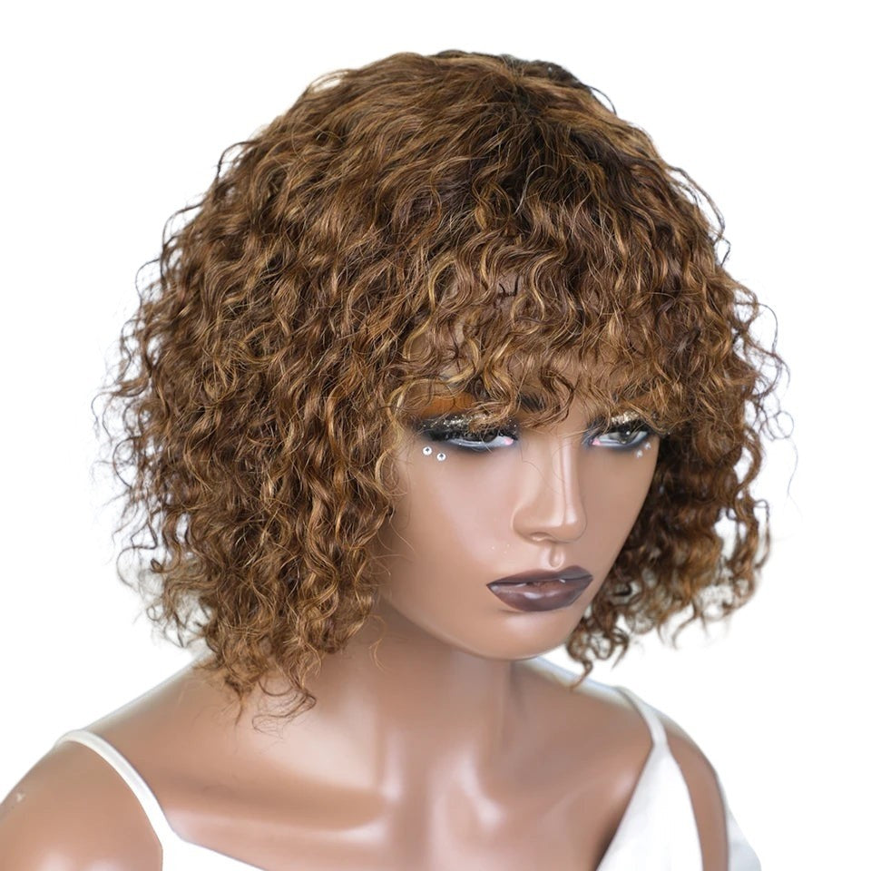RitzWigs short honey blonde ombre jerry curly pixie bob human hair wig with bangs on a mannequin head
