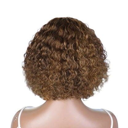 RitzWigs honey blonde ombre short jerry curly pixie bob human hair wig viewed from the back on a mannequin