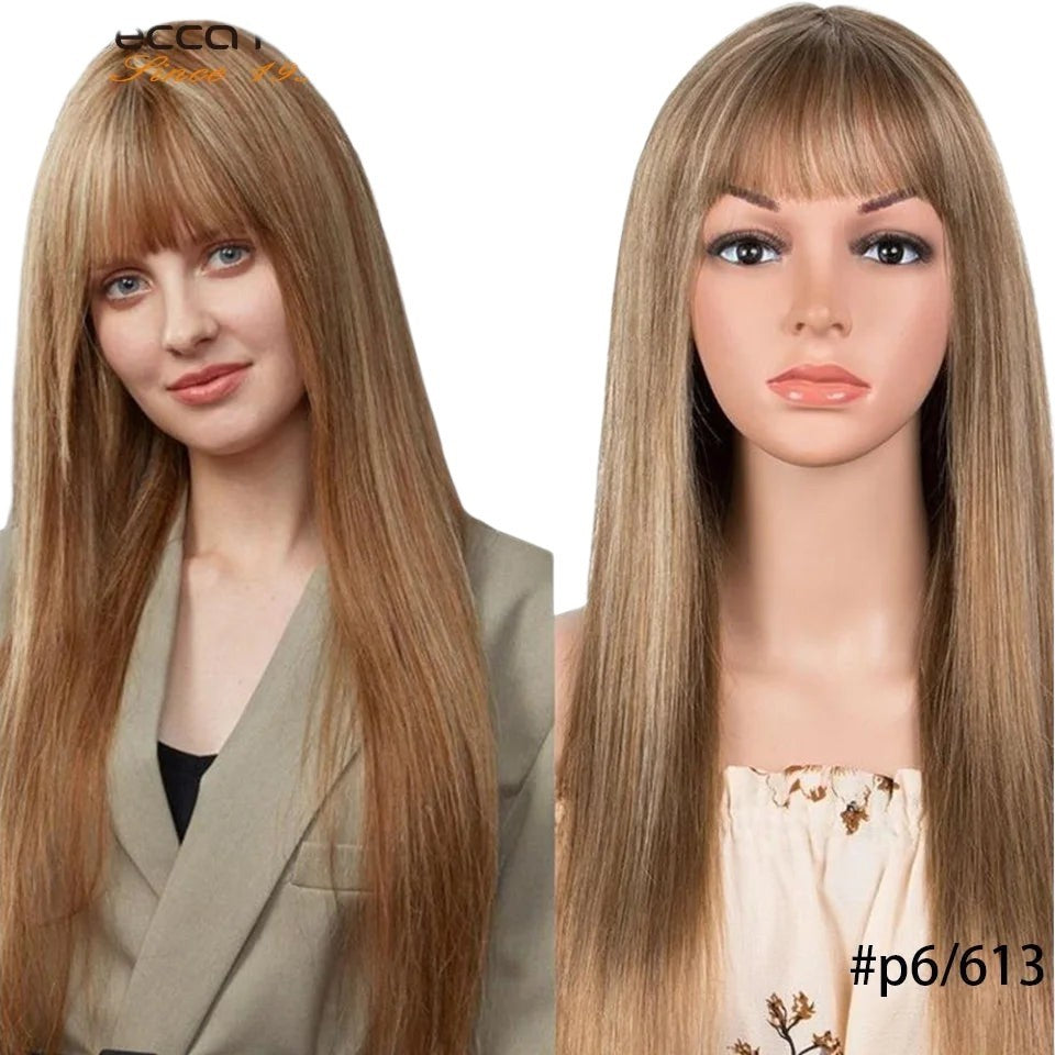 RitzWigs honey blonde highlight straight human hair wig with bangs on a model and mannequin head
