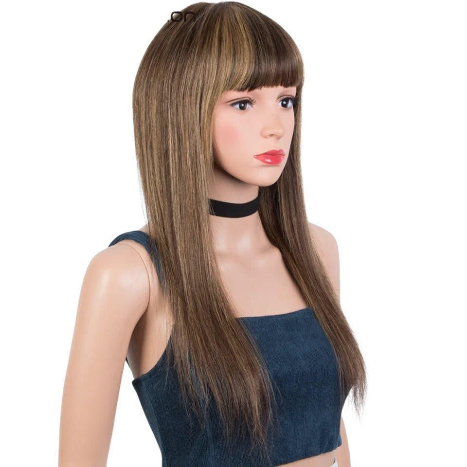 RitzWigs honey blonde highlight Brazilian Remy human hair wig with bangs on a mannequin