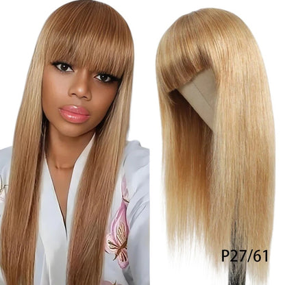 RitzWigs honey blonde highlight human hair wig with bangs worn by a model and displayed on a mannequin head