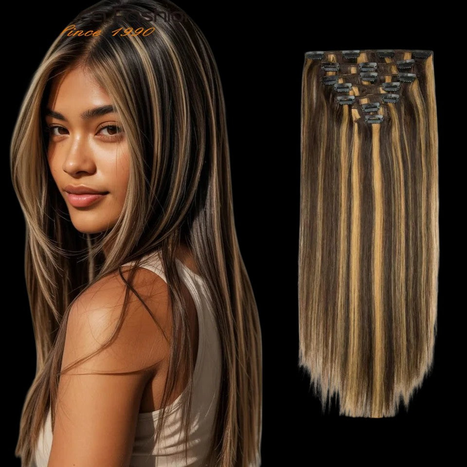 RitzWigs honey blonde and brown highlighted straight human hair clip-in extensions on a model