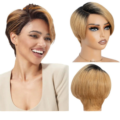 RitzWigs honey blonde short straight pixie bob lace wig with dark roots on a model and mannequin head
