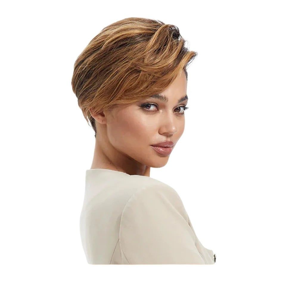 RitzWigs honey blonde short pixie cut straight bob lace wig on a model with natural highlights