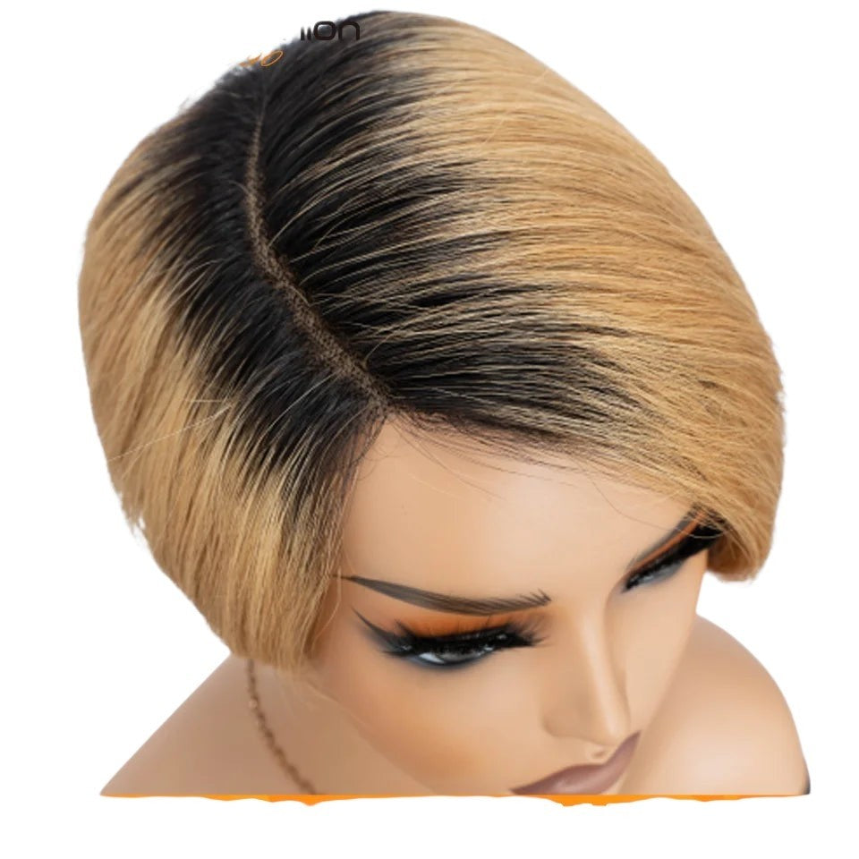 RitzWigs honey blonde short straight pixie bob lace wig with dark roots on a mannequin head