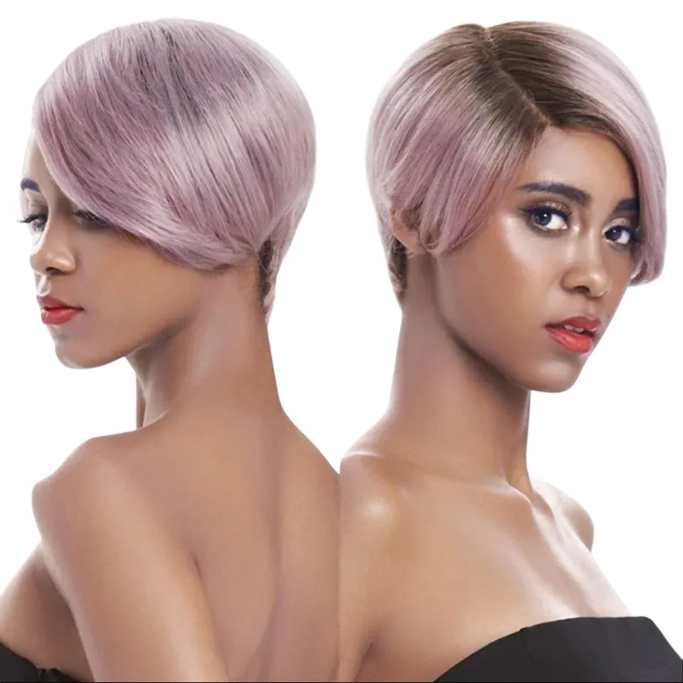 RitzWigs model wearing a short, straight, honey-blonde pixie bob lace wig with a natural side part.