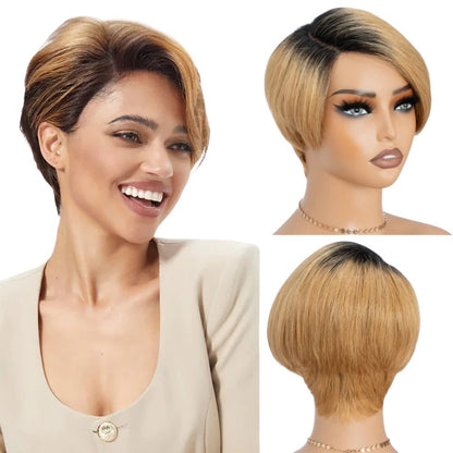RitzWigs honey blonde pixie cut straight bob human hair lace wig on a smiling woman and a mannequin head