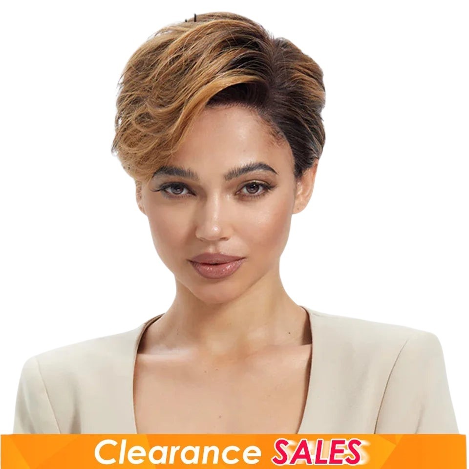 RitzWigs honey blonde short pixie cut straight bob lace wig on a model with natural makeup