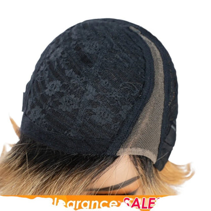 RitzWigs honey blonde pixie bob wig showing the interior Swiss lace cap construction on a mannequin head