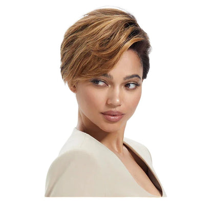 RitzWigs honey blonde pixie cut straight human hair wig on a model with a pre-plucked hairline and Swiss lace base.