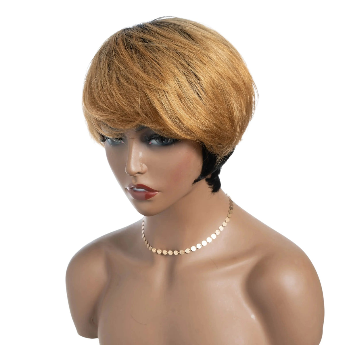 RitzWigs honey blonde short straight human hair wig with bangs on a mannequin head