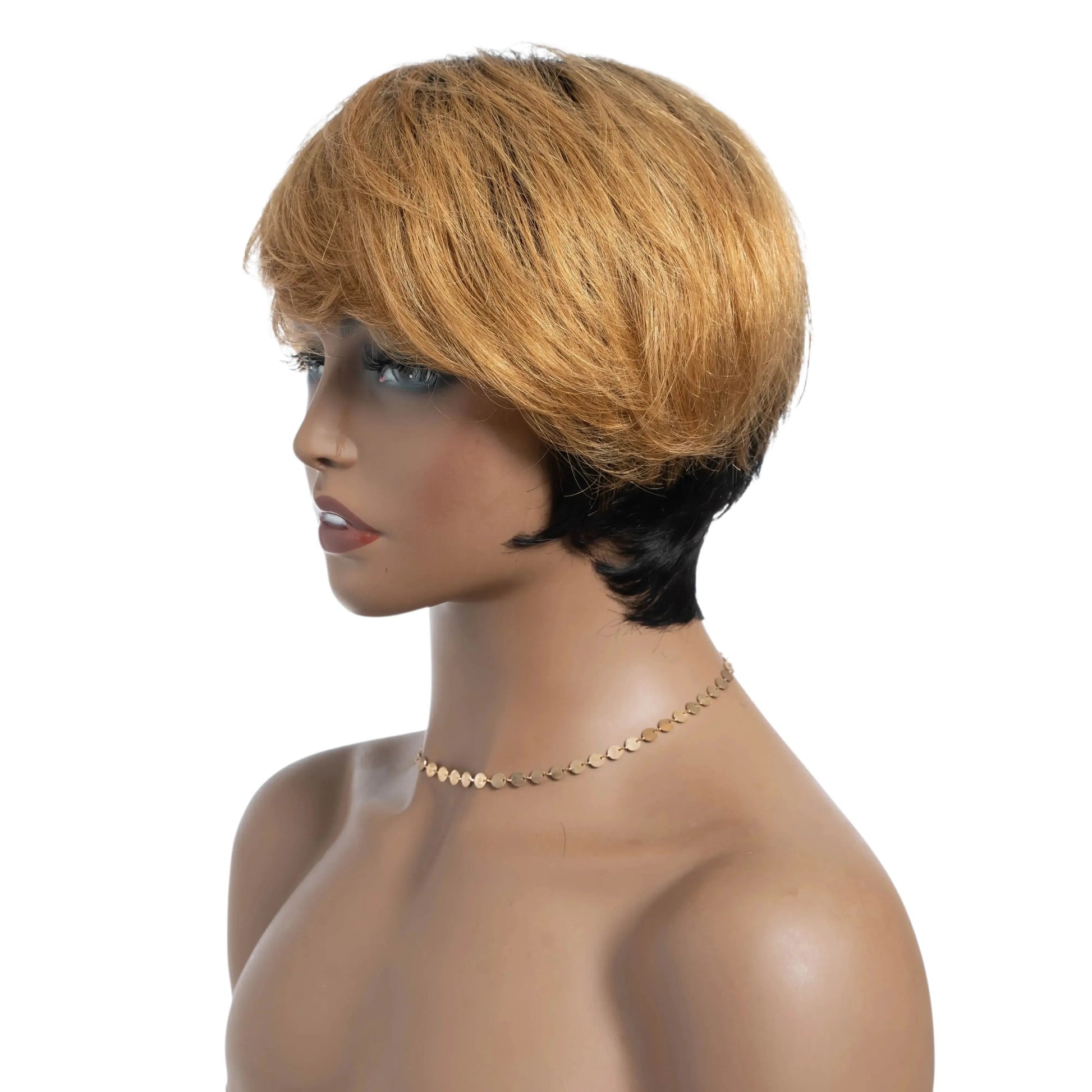 RitzWigs honey blonde short straight human hair wig with bangs on a mannequin head, side profile view.