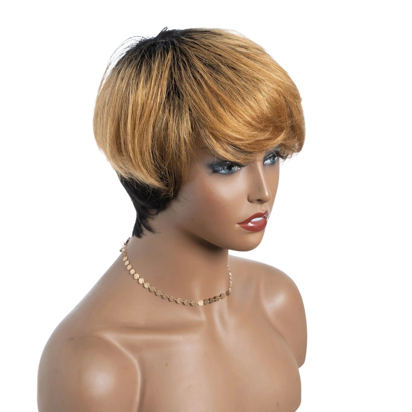 RitzWigs honey blonde short straight human hair wig with bangs on a mannequin head