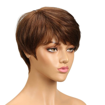 RitzWigs honey blonde short straight human hair wig with bangs on a mannequin head