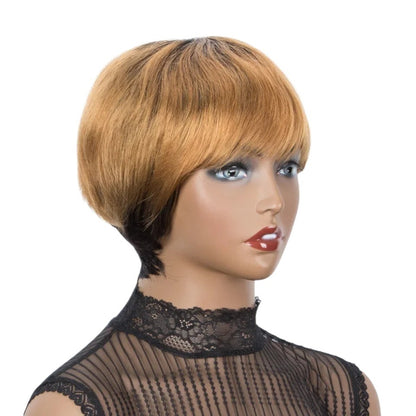 RitzWigs honey blonde short straight human hair wig with bangs on a mannequin head