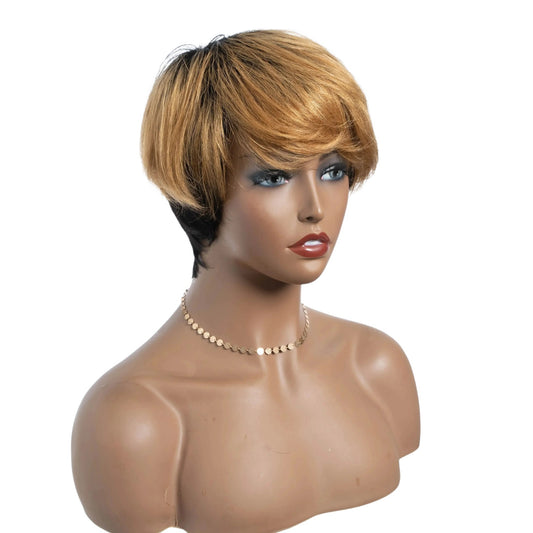 RitzWigs short honey blonde straight human hair wig with bangs on a mannequin head