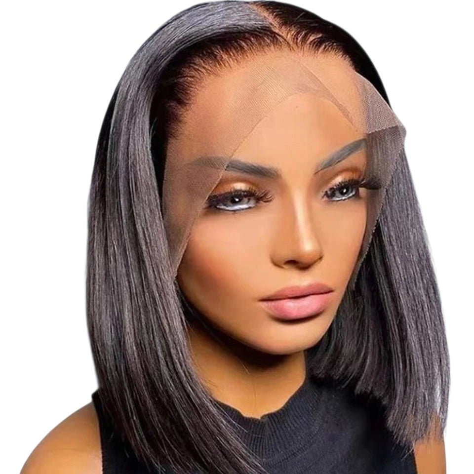 RitzWigs honey blonde straight bob lace front human hair wig on a model with transparent lace base