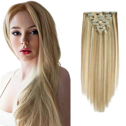 RitzWigs honey blonde straight human hair clip-in extensions worn by a model for a natural voluminous look