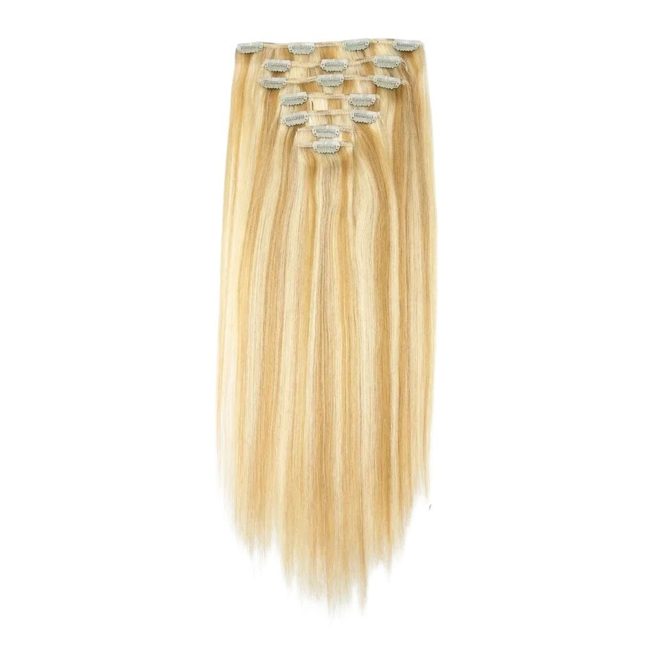 RitzWigs honey blonde P27/613 straight human hair clip-in extensions set with seven pieces for added volume