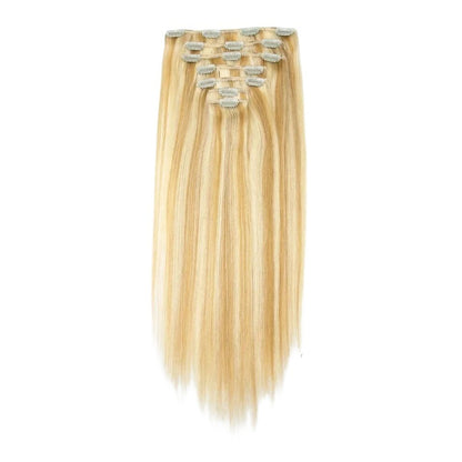 RitzWigs honey blonde P27/613 straight human hair clip-in extensions set with seven pieces for added volume