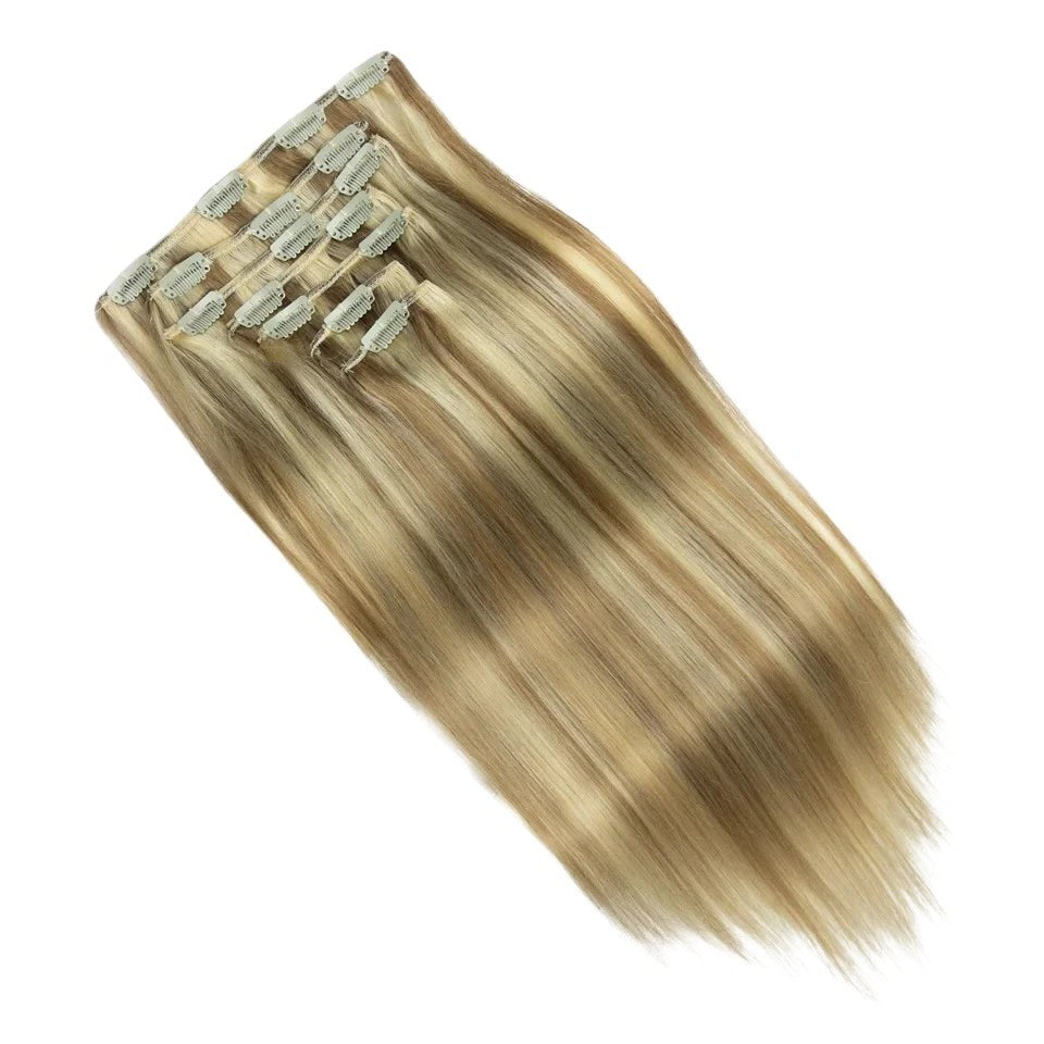 RitzWigs honey blonde P8/613 straight human hair clip-in extensions in a 7-piece set